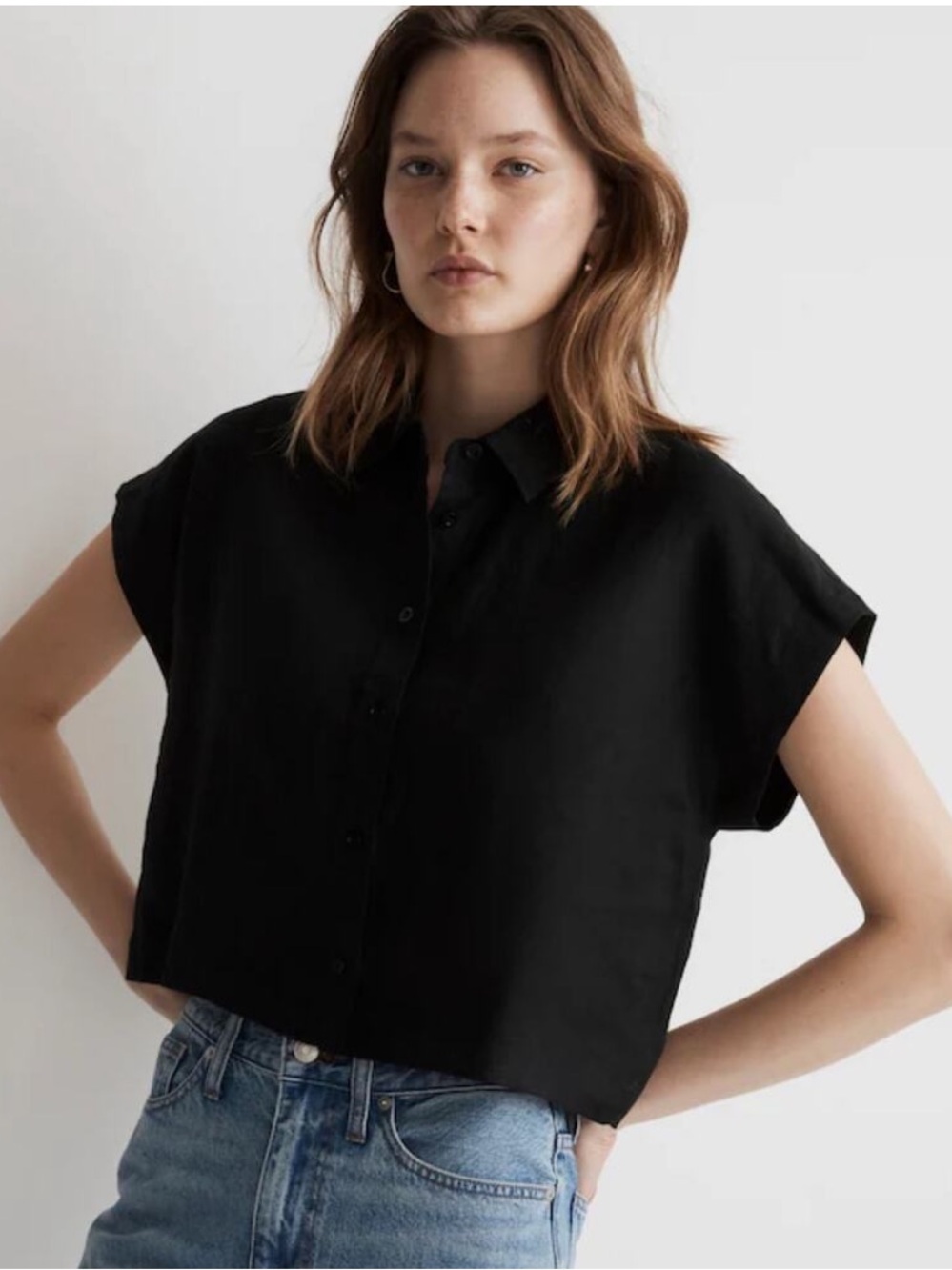Madewell Black Cropped Button-Down Shirt - 100% Linen - Size Small